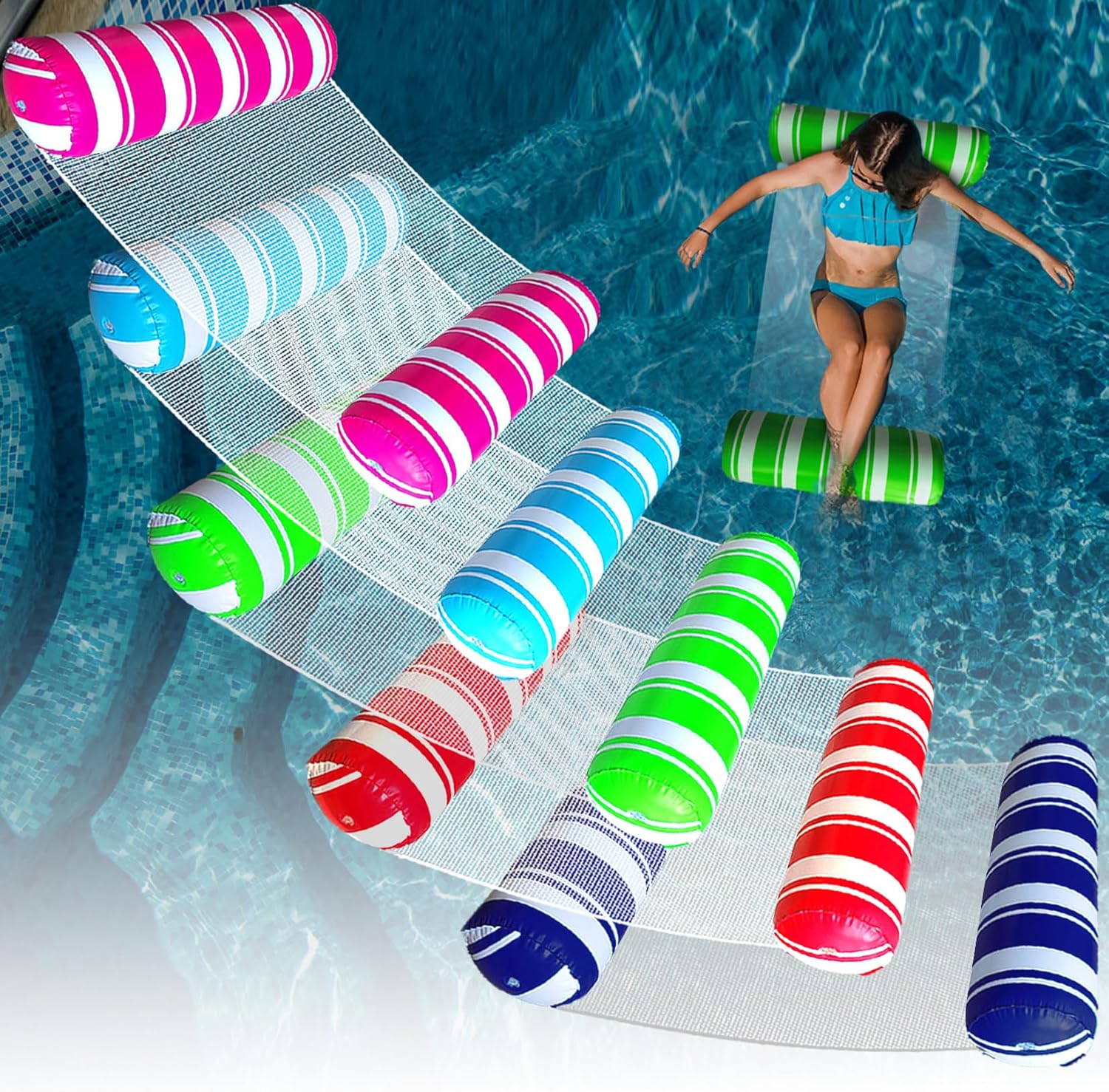 ANNIL 5 Pack Inflatable Pool Floats front view showing five vibrant striped colors