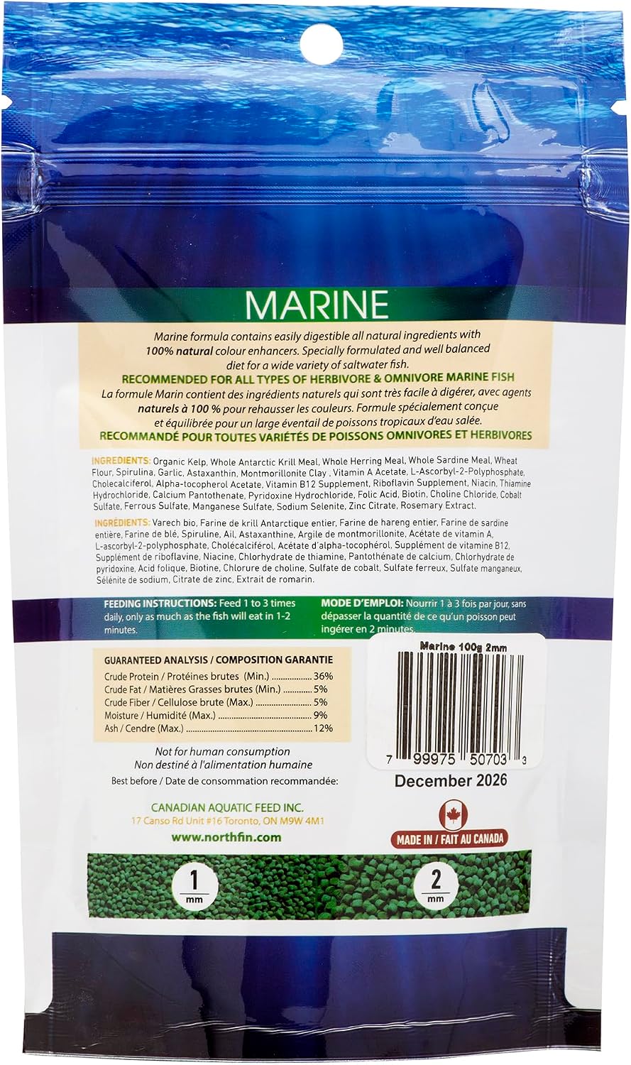 Northfin 2mm slow sinking pellets package back label details