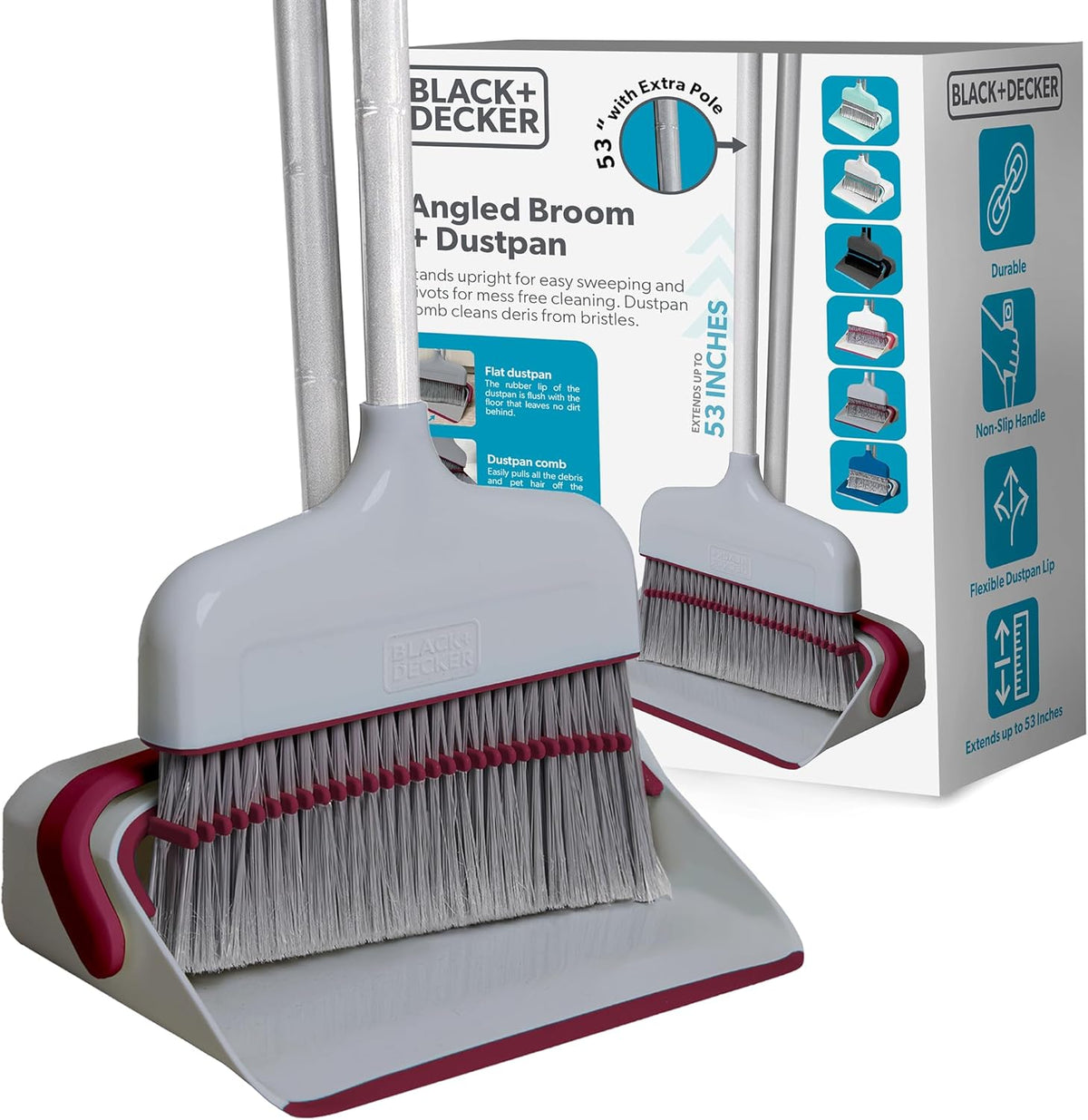 BLACK+DECKER Butler Broom And Dustpan Set front view showing the light gray and burgundy stand up design for home floor cleaning.