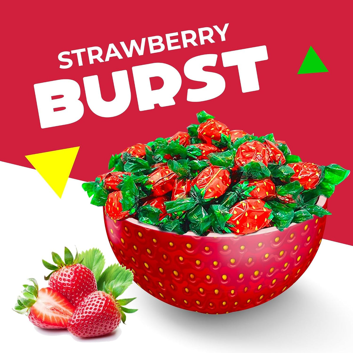 Pile of Laetafood strawberry hard candy in a glass bowl