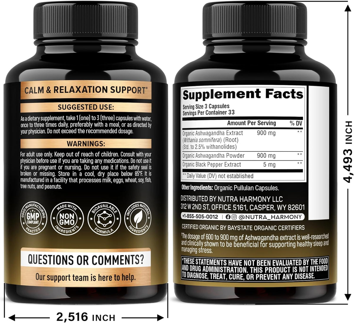 Nutraharmony 1800mg ashwagandha capsules supplement facts label