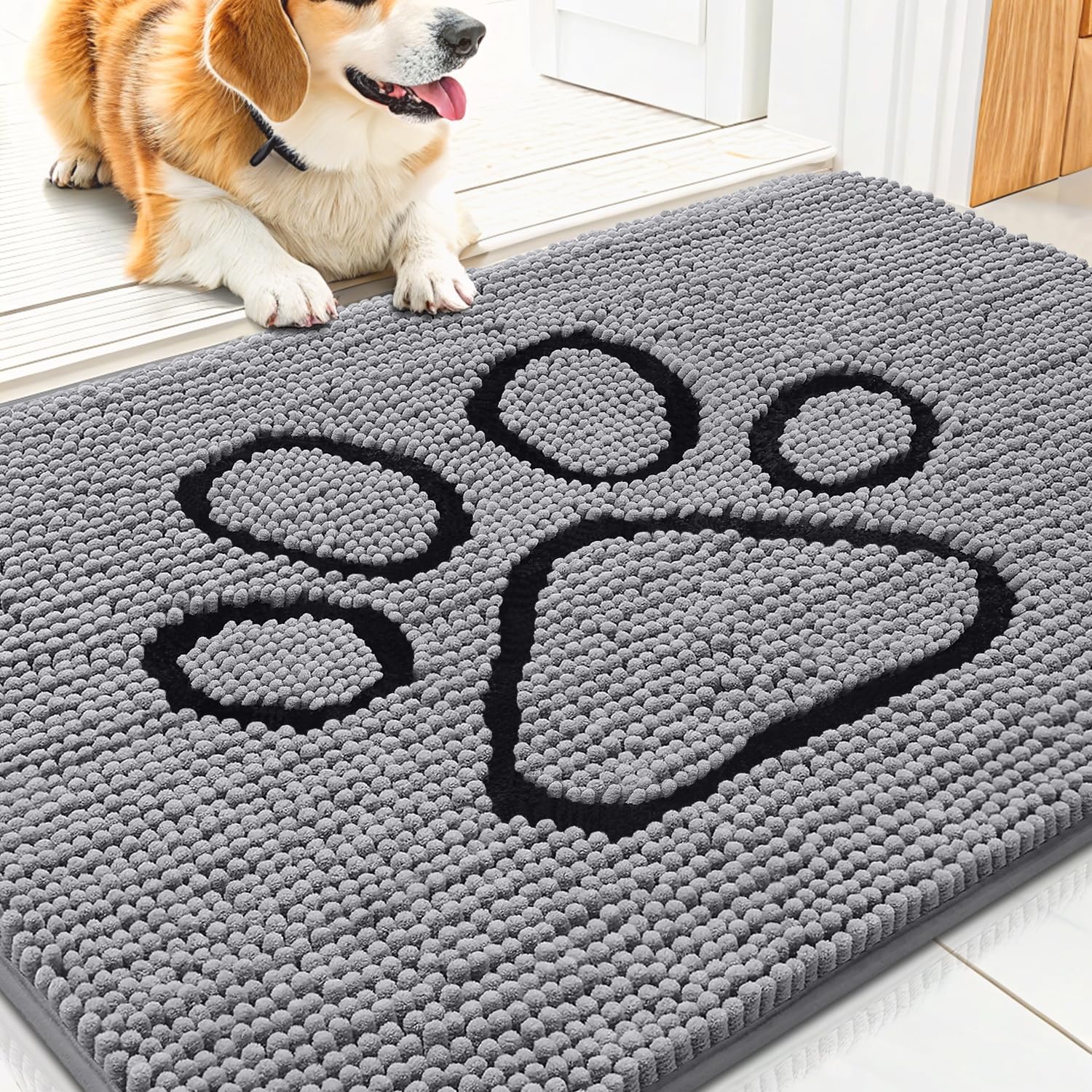 Smiry dog door mat front view showing grey and black paw print pattern