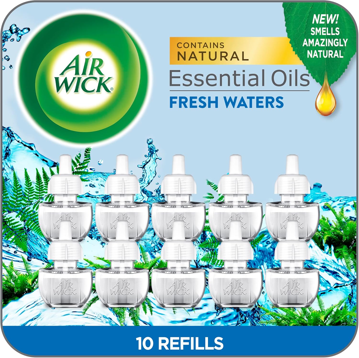 Air Wick Scented Oil Refills Fresh Waters 10 Pack front view showing eco-friendly packaging