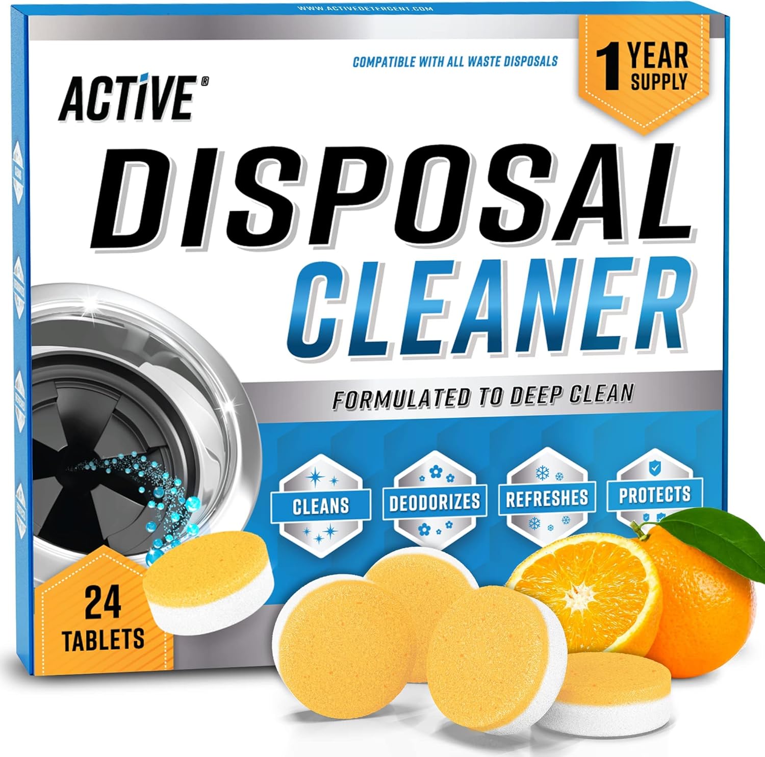 Active garbage disposal cleaner and deodorizer tablets 24 pack front view