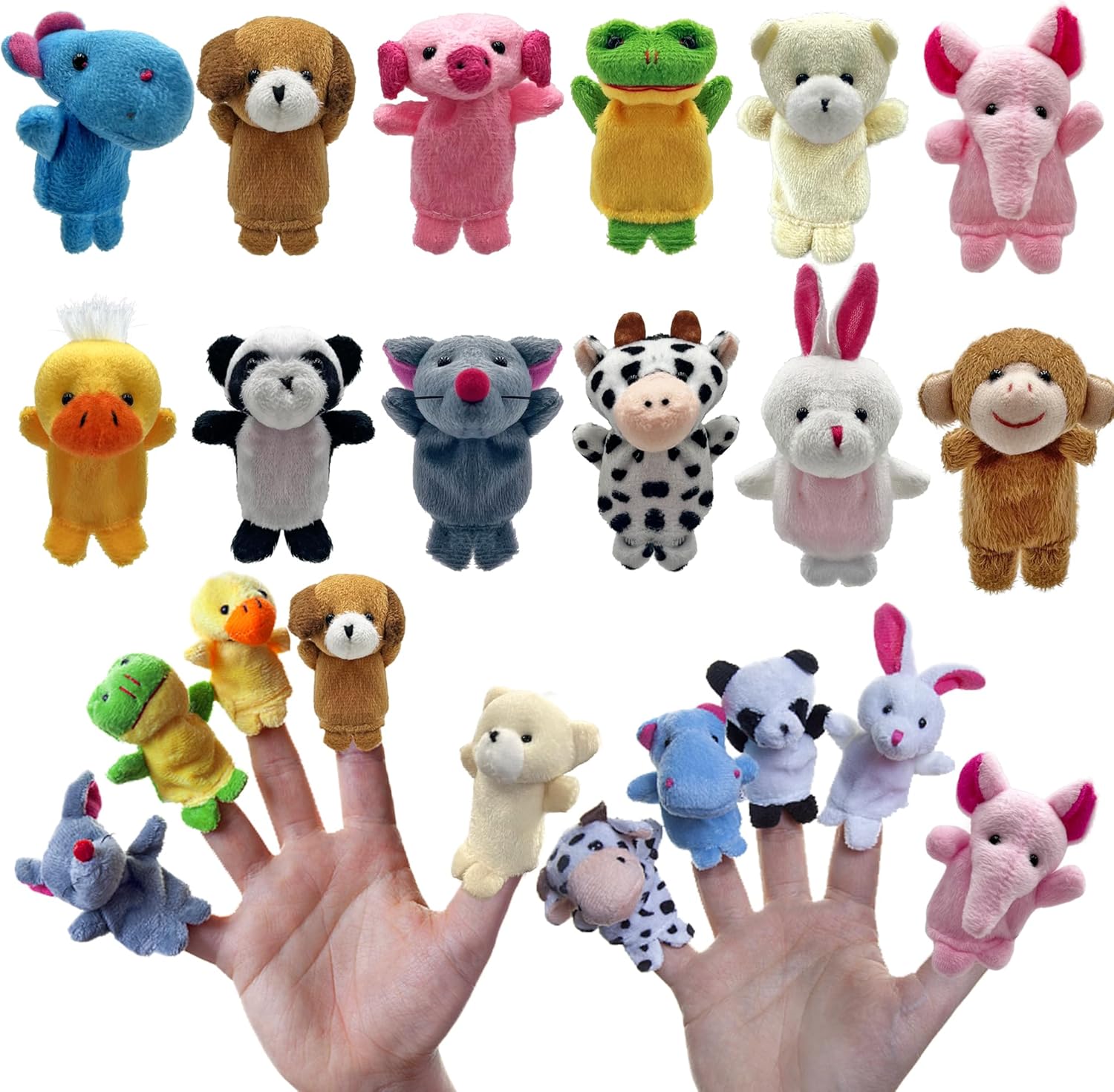 XIPEGPA Twelve Piece Animal Finger Puppets Set front view displaying multiple colorful plush characters arranged together