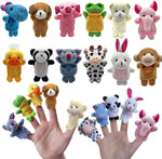 XIPEGPA Twelve Piece Animal Finger Puppets Set front view displaying multiple colorful plush characters arranged together