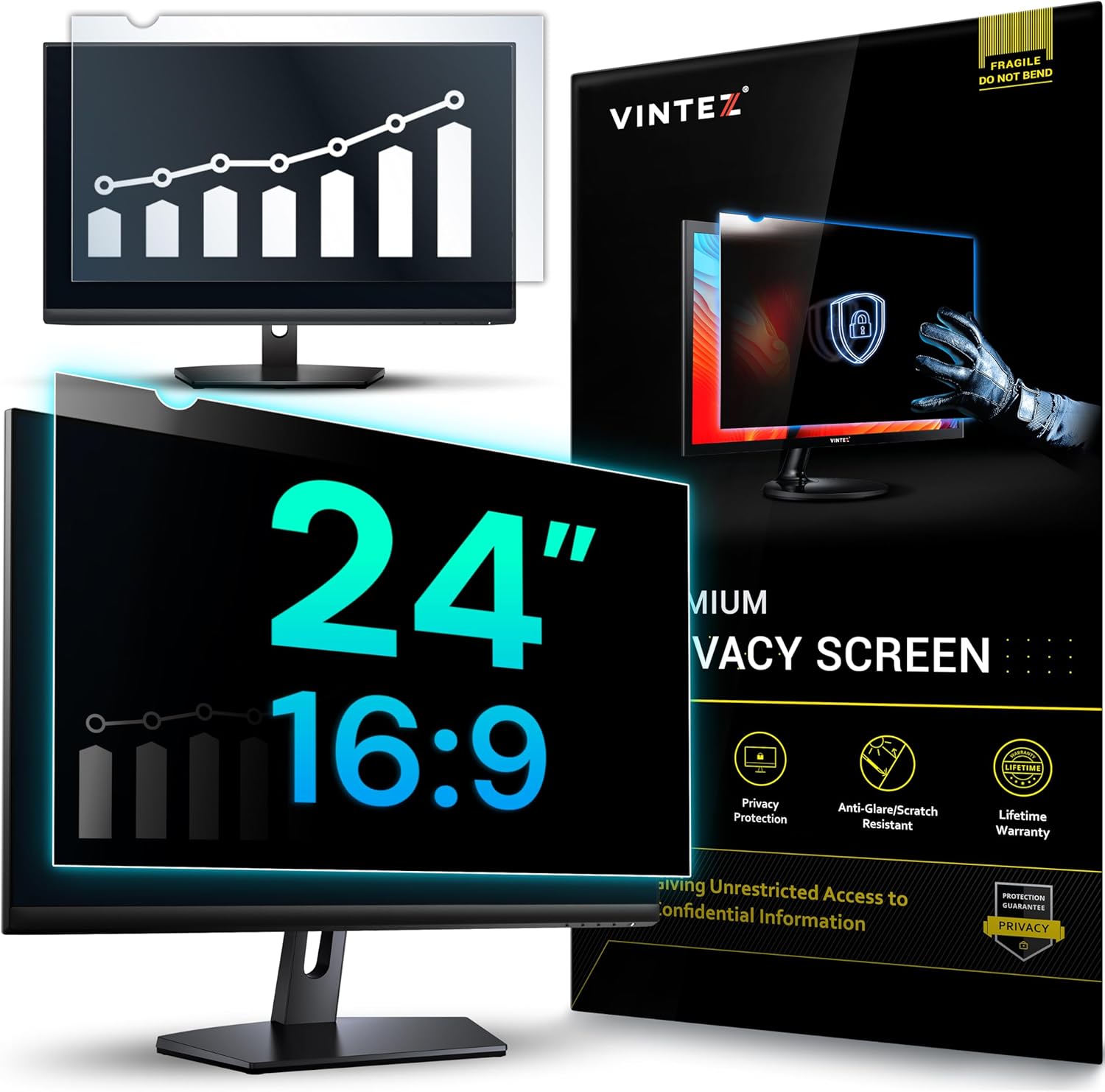 VINTEZ 24 inch privacy screen filter front view on a widescreen computer monitor setup.