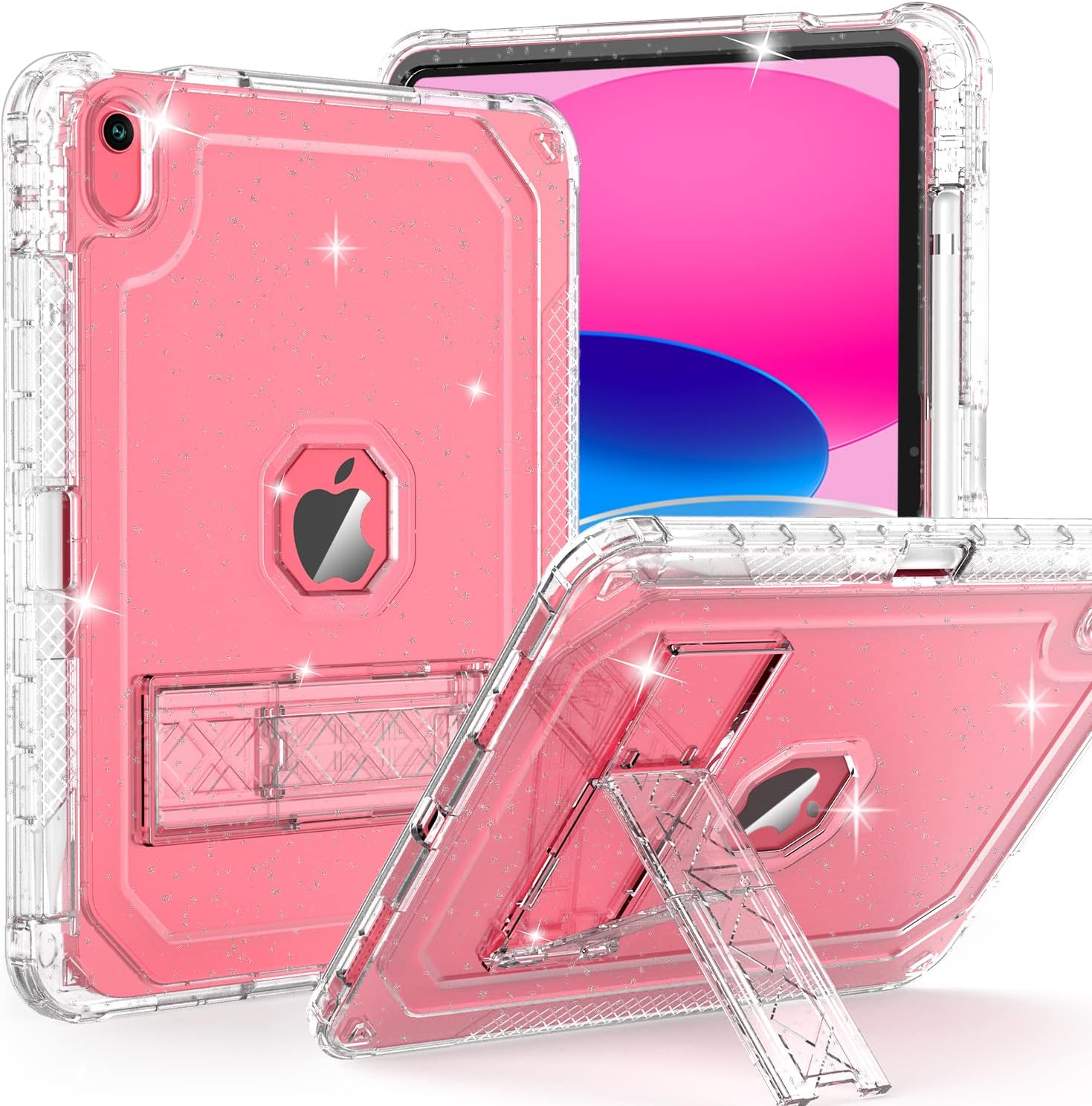 ZoneFoker iPad 10th Generation rugged case clear glitter front view showcasing dual layer defense