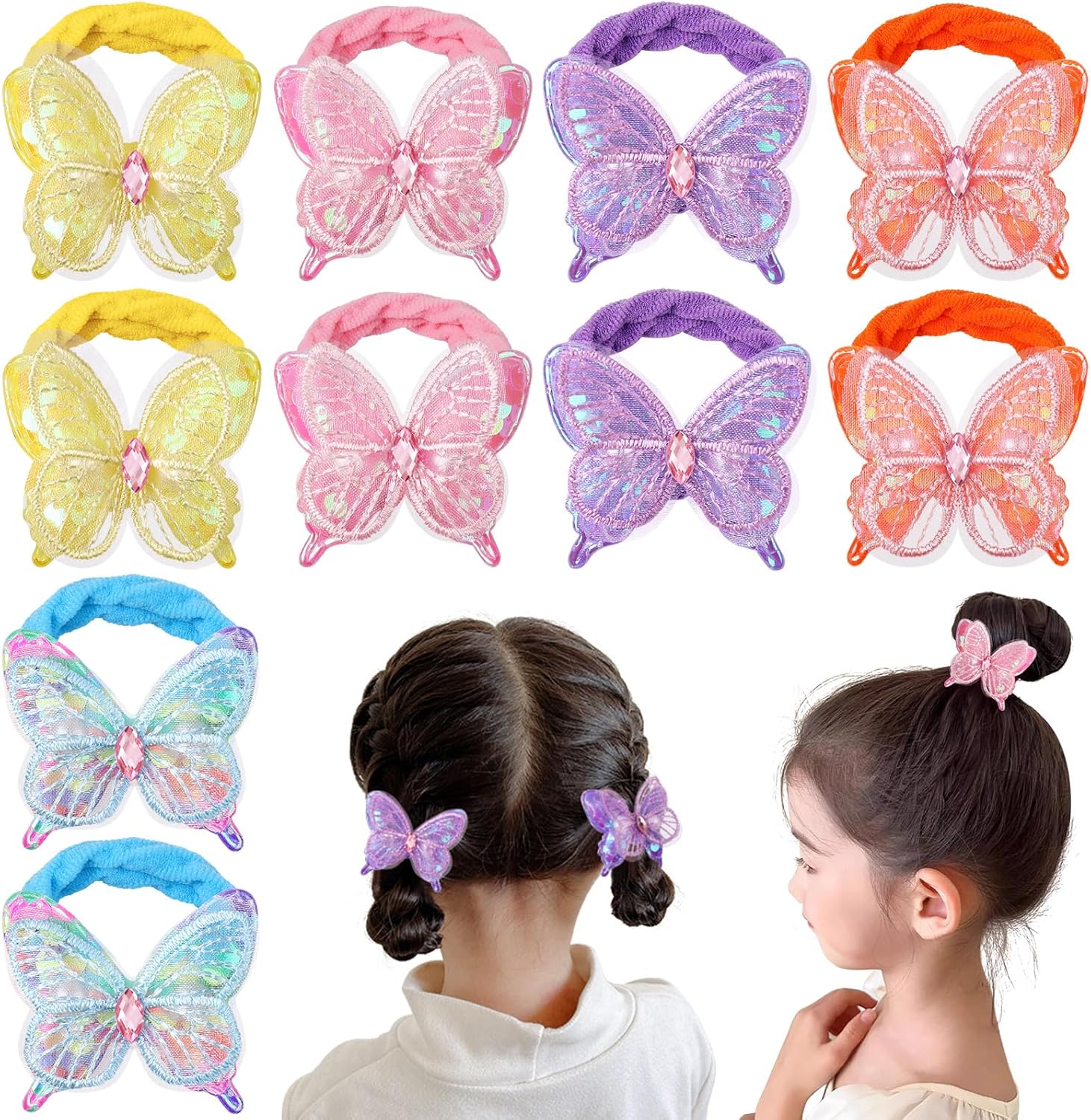 Rainbow Wsk glitter butterfly hair ties front view of 10 piece set