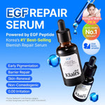 Close up of Dear Klairs Blue EGF recovery kit bottles
