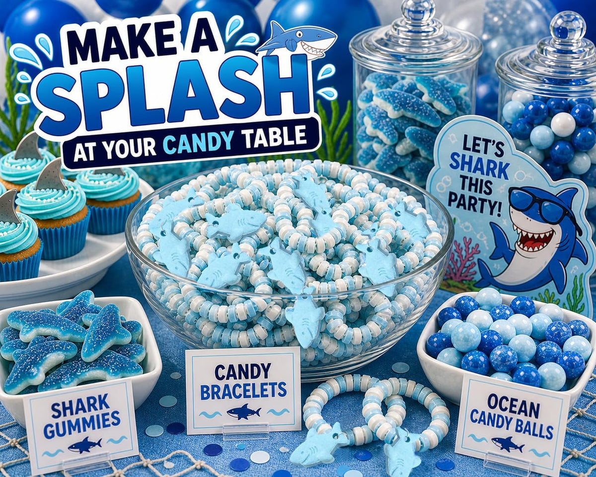 Gluten free blueberry and lemon flavored shark candy favors spread out.