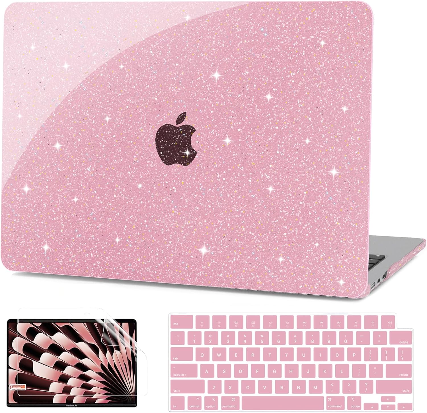 G JGOO glitter hard shell case front view showing sparkly pink finish on laptop cover.