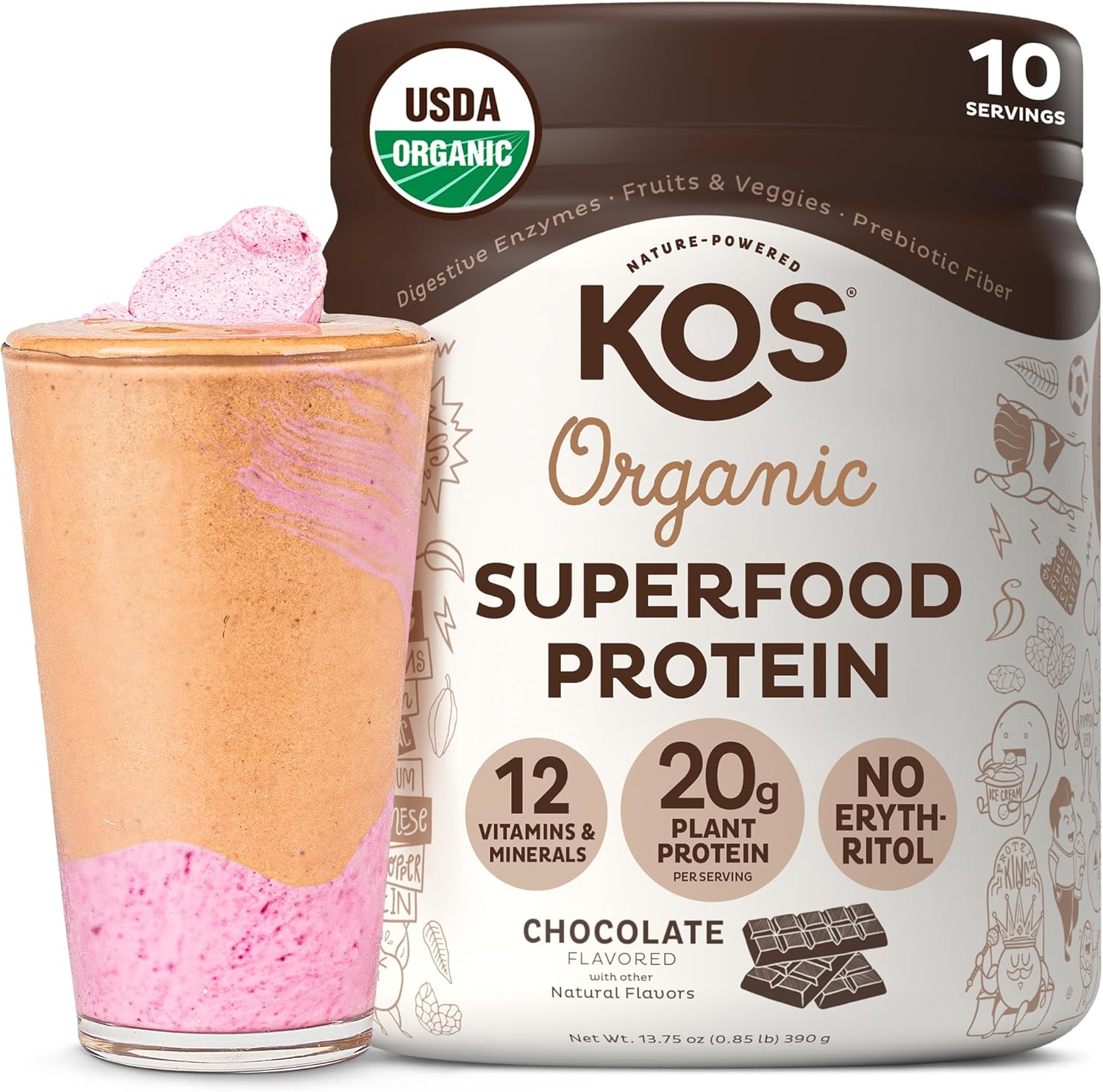 KOS vegan protein powder chocolate USDA organic pea protein blend 10 servings