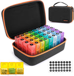 Bjabtan monthly pill organizer front view showcasing the travel case and numbered boxes