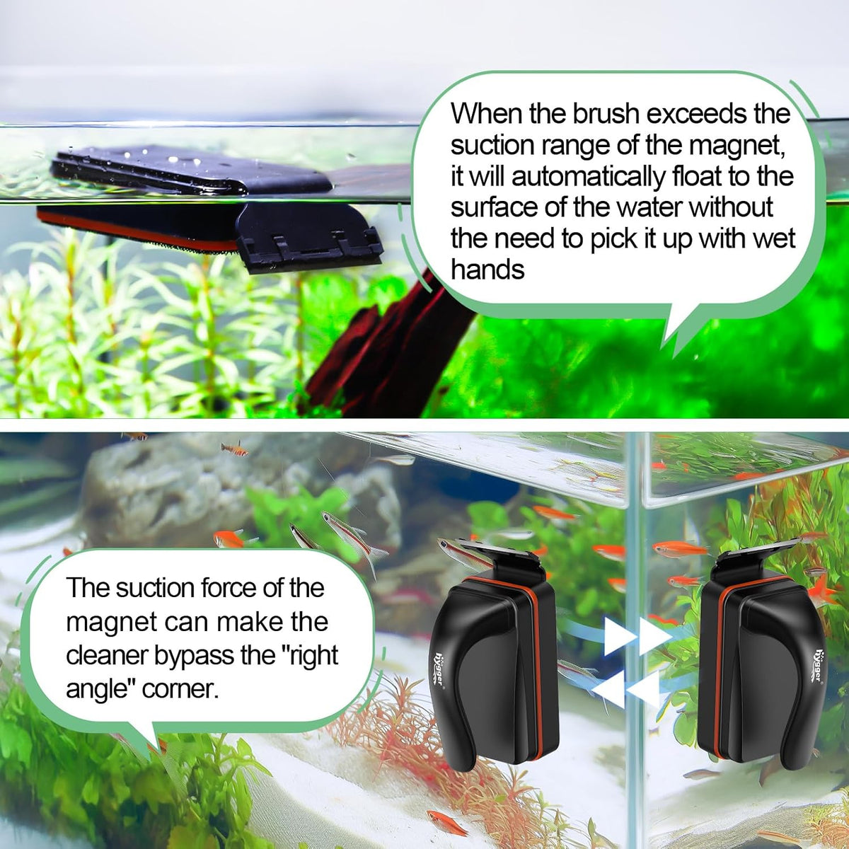 Hygger double sided magnetic tank cleaner being used on a small zero point two five inch glass fish tank