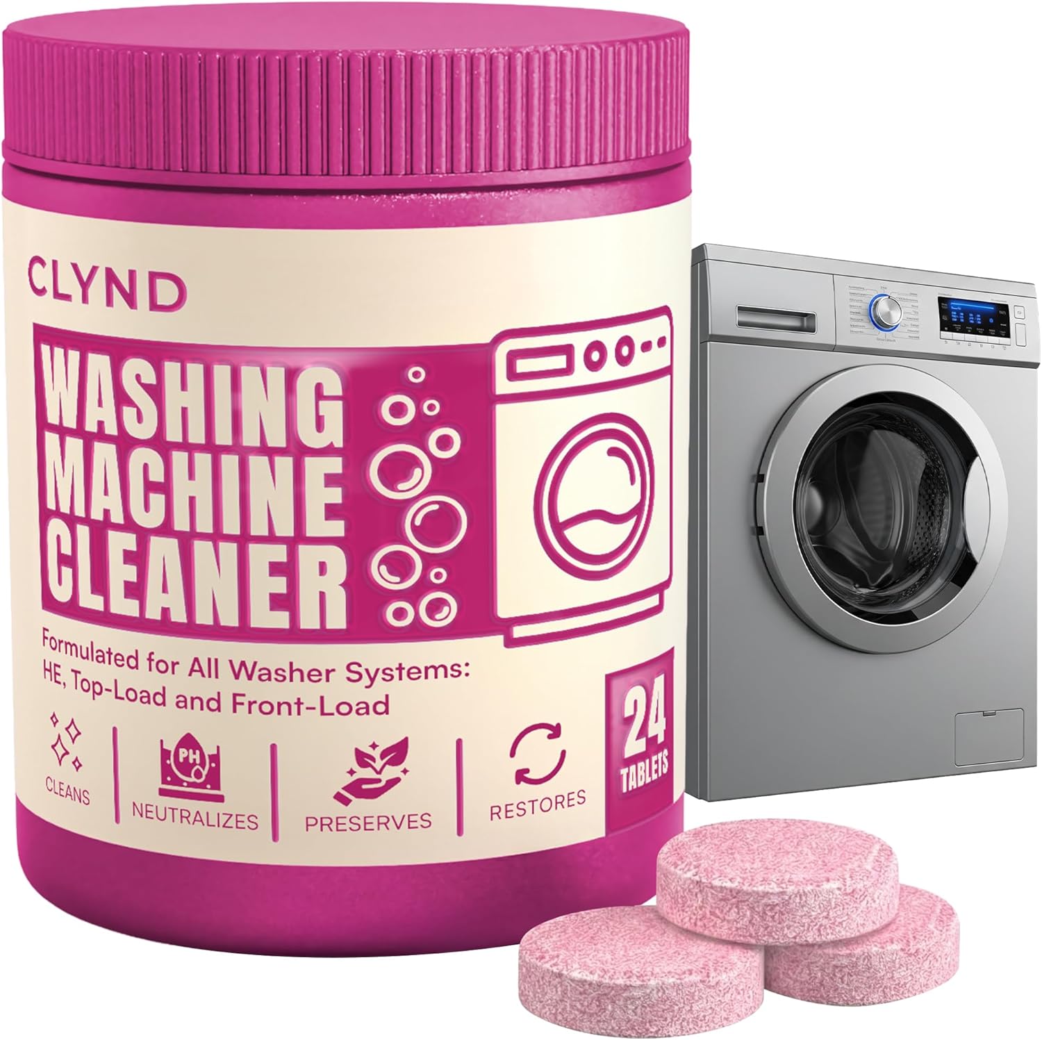 CLYND washing machine cleaner tablets twenty four count package front view showing active descaler formula