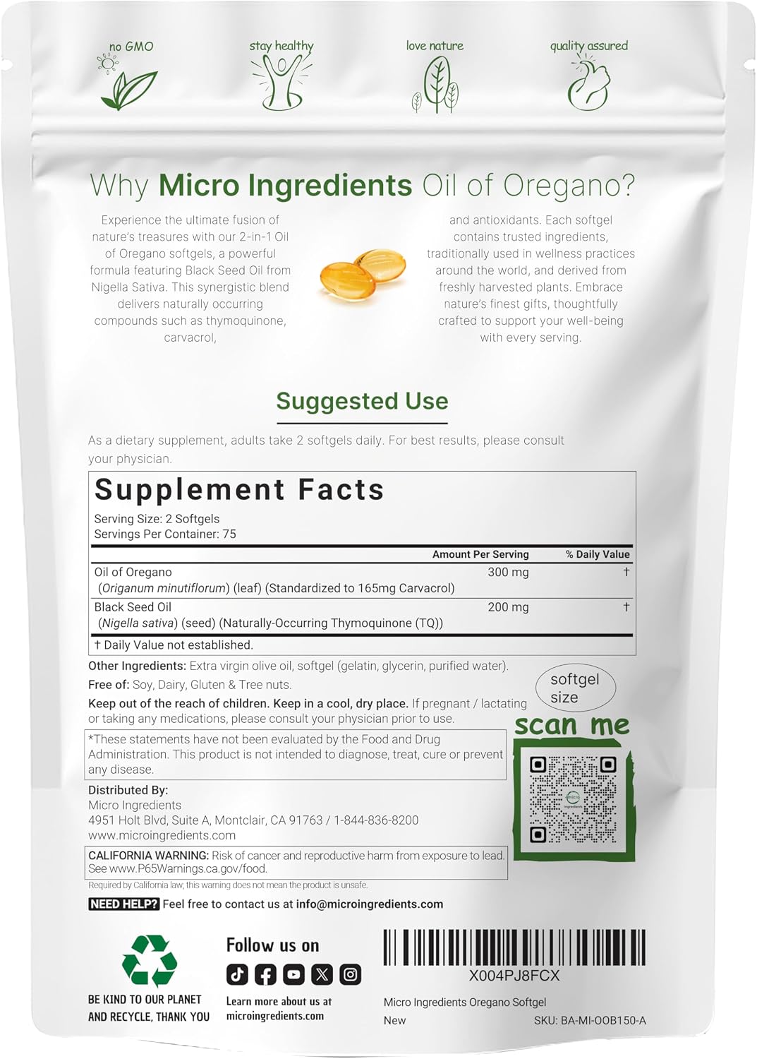 Micro Ingredients 2-in-1 oregano supplement package back panel