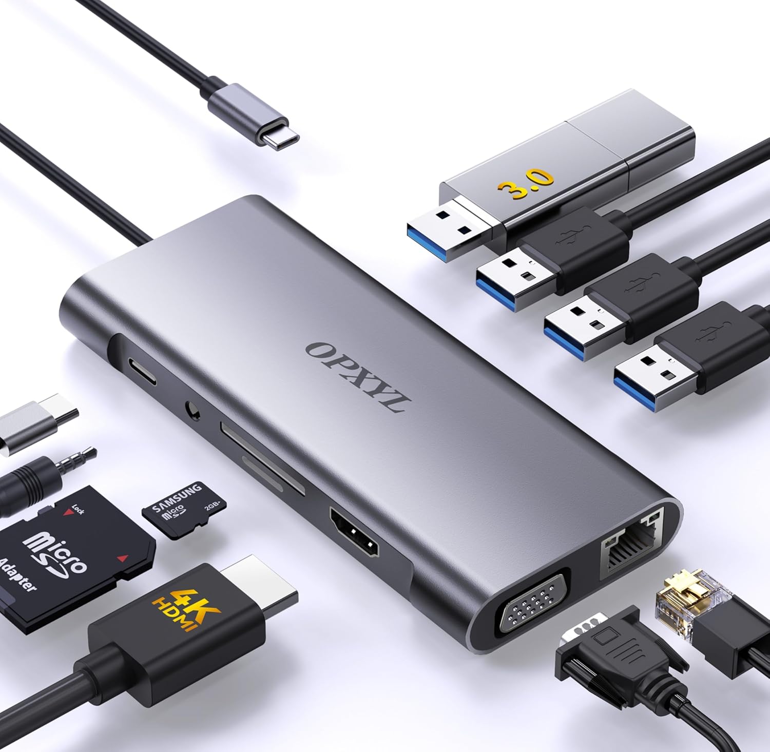 Opxyl 11 in 1 USB C Hub Multiport Adapter front view showing the aluminum alloy chassis and integrated connector cable.