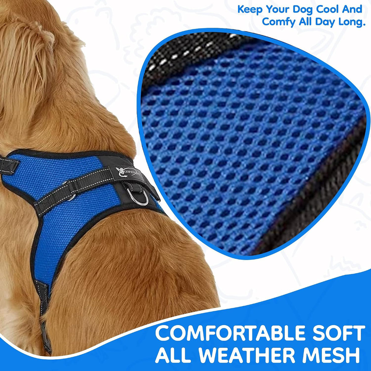 Side profile of small blue Copatchy adjustable dog harness