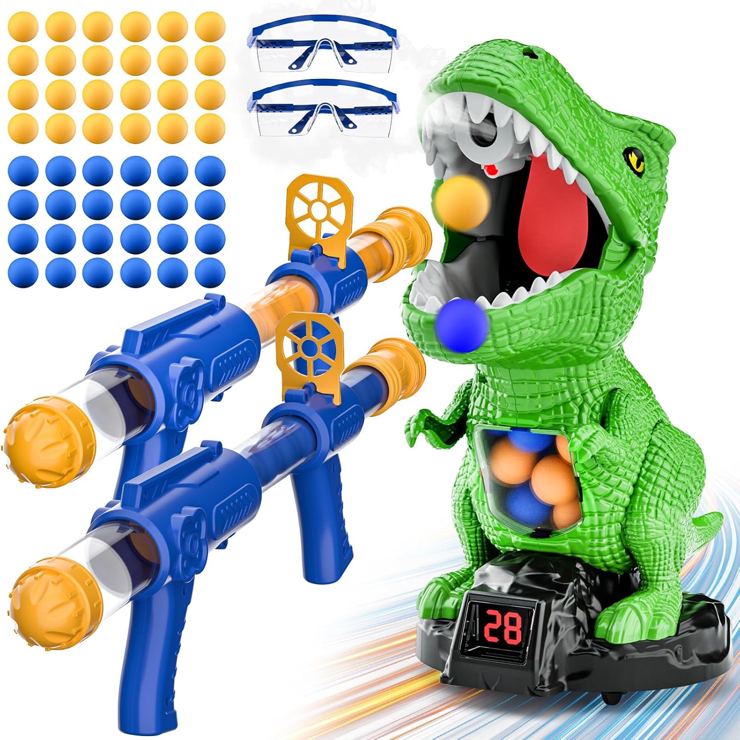 HPYSHP dinosaur shooting toy front view with air pump guns