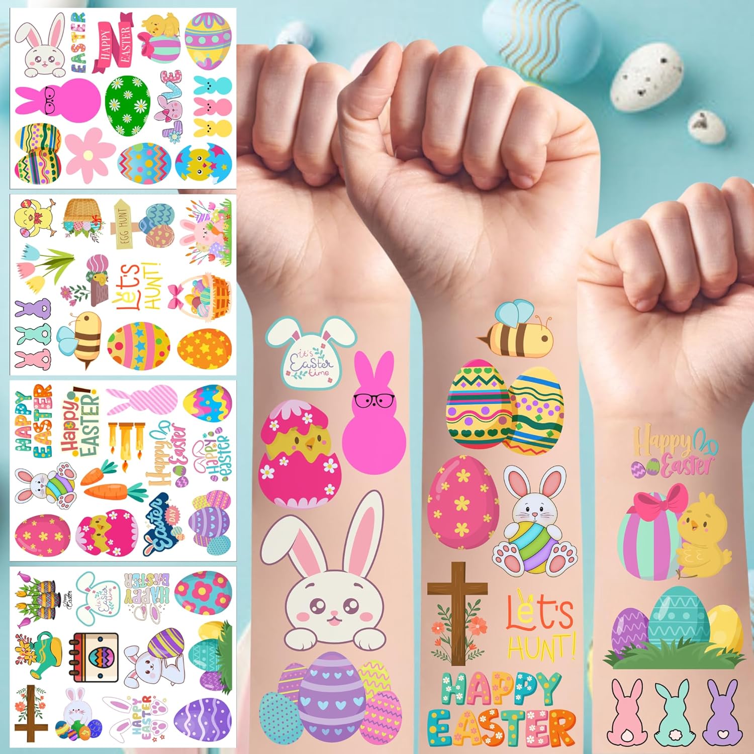 Backtopeia Easter Temporary Tattoos front view of four sheets showing fifty colorful bunny and egg stickers
