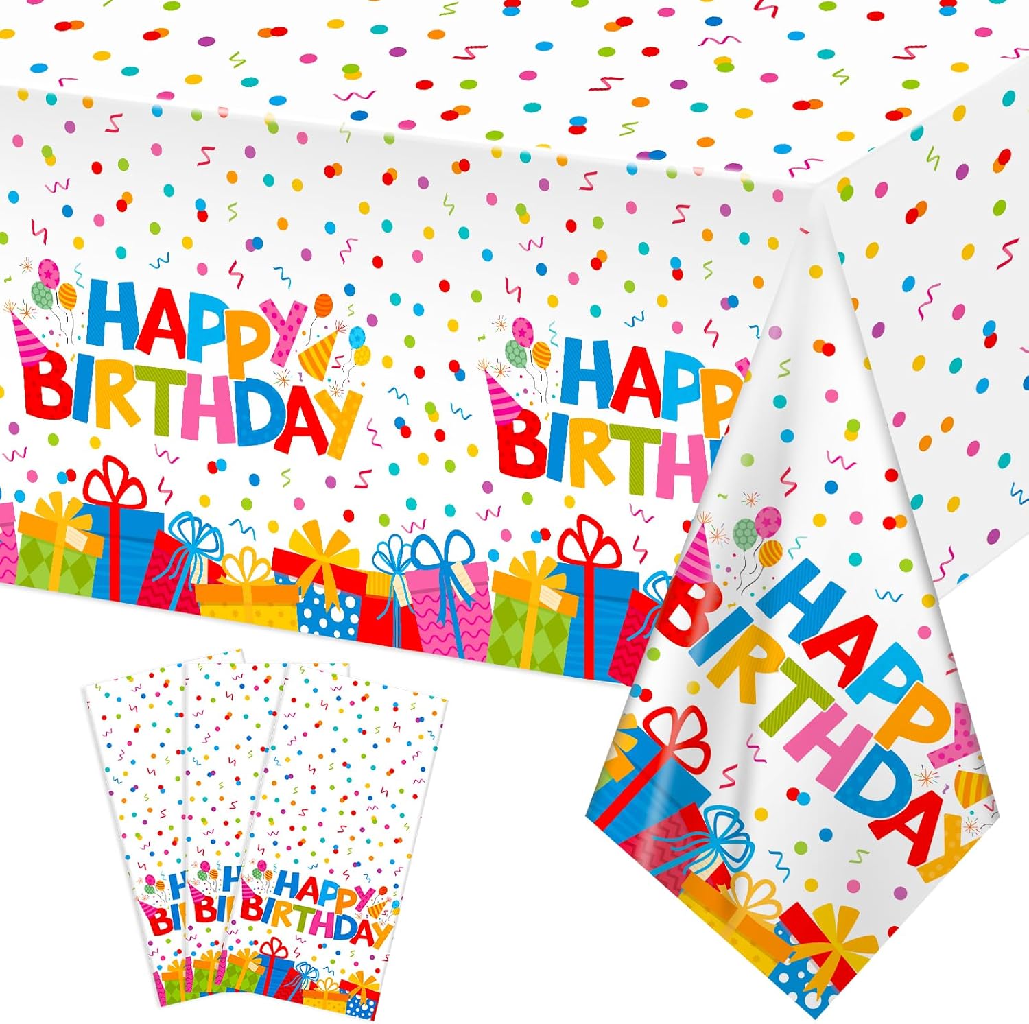 NatNarr plastic happy birthday disposable tablecloth pack front view showing colorful dot theme design