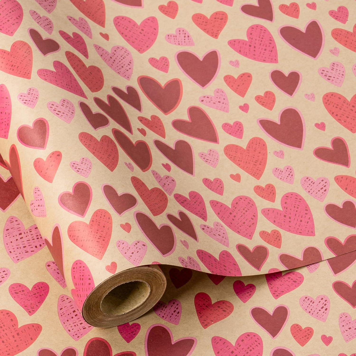 RUSPEPA Kraft Valentine's Day Wrapping Paper Roll front view showing red and pink heart pattern.