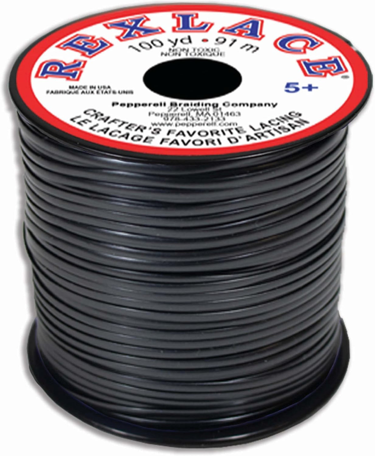 Pepperell Crafts Rexlace 100yd Spool Pearl Black front view USA imported craft lace