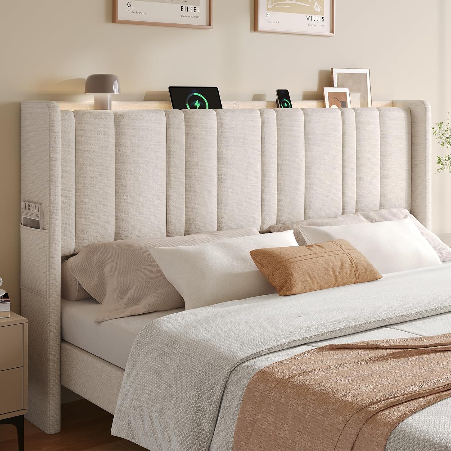 ONBRILL King Size Upholstered Headboard front view showcasing off white linen fabric in a modern bedroom setup.