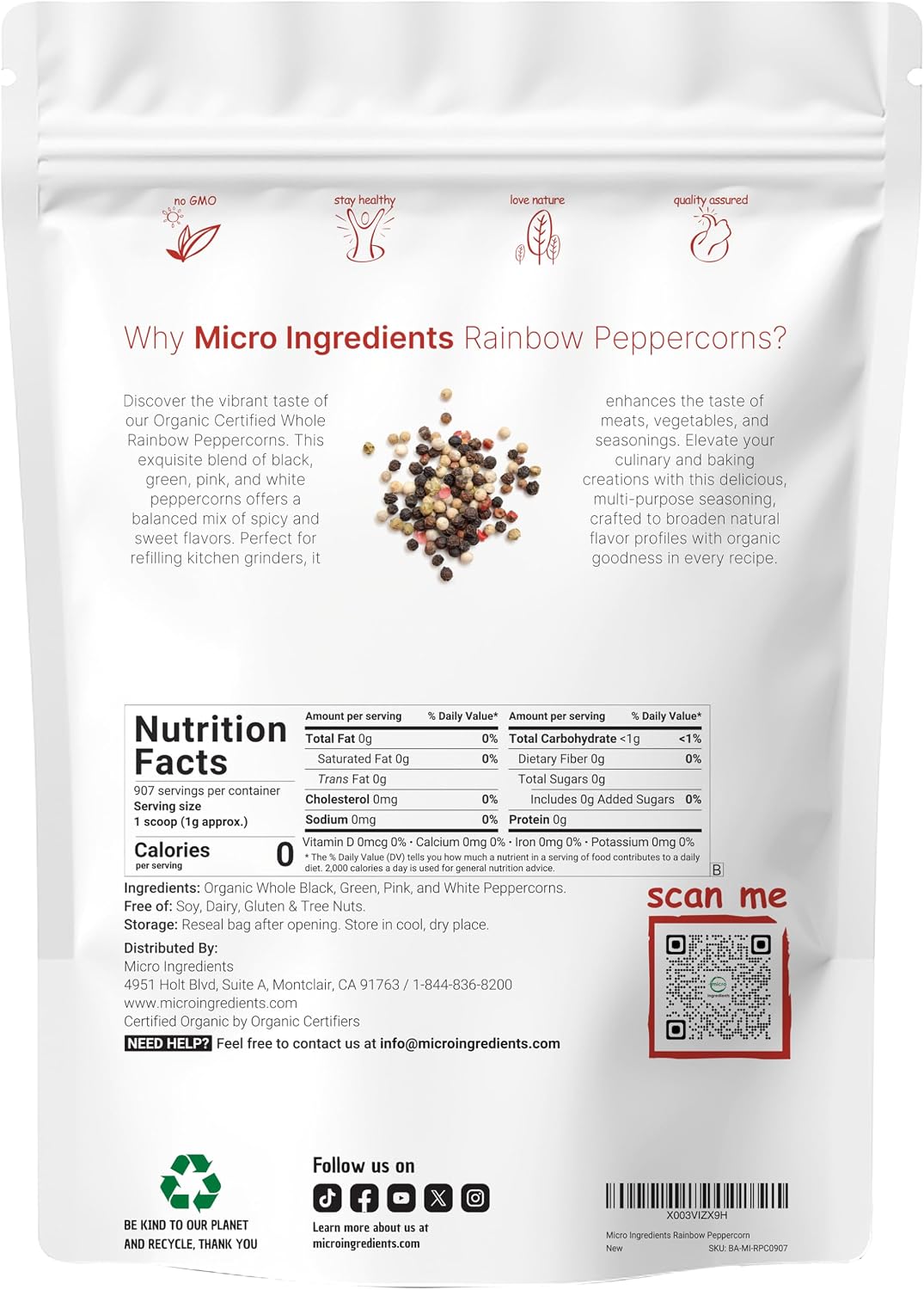Micro Ingredients 2 pound bulk peppercorns bag backside details