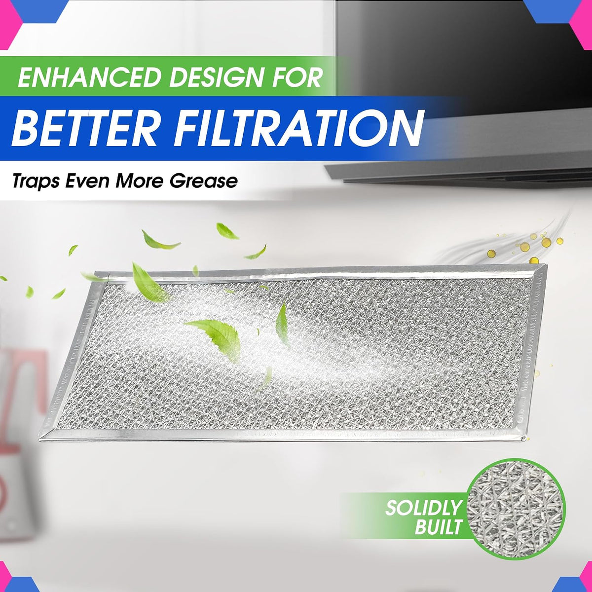 Bagean microwave grease filter angled view highlighting metal pattern