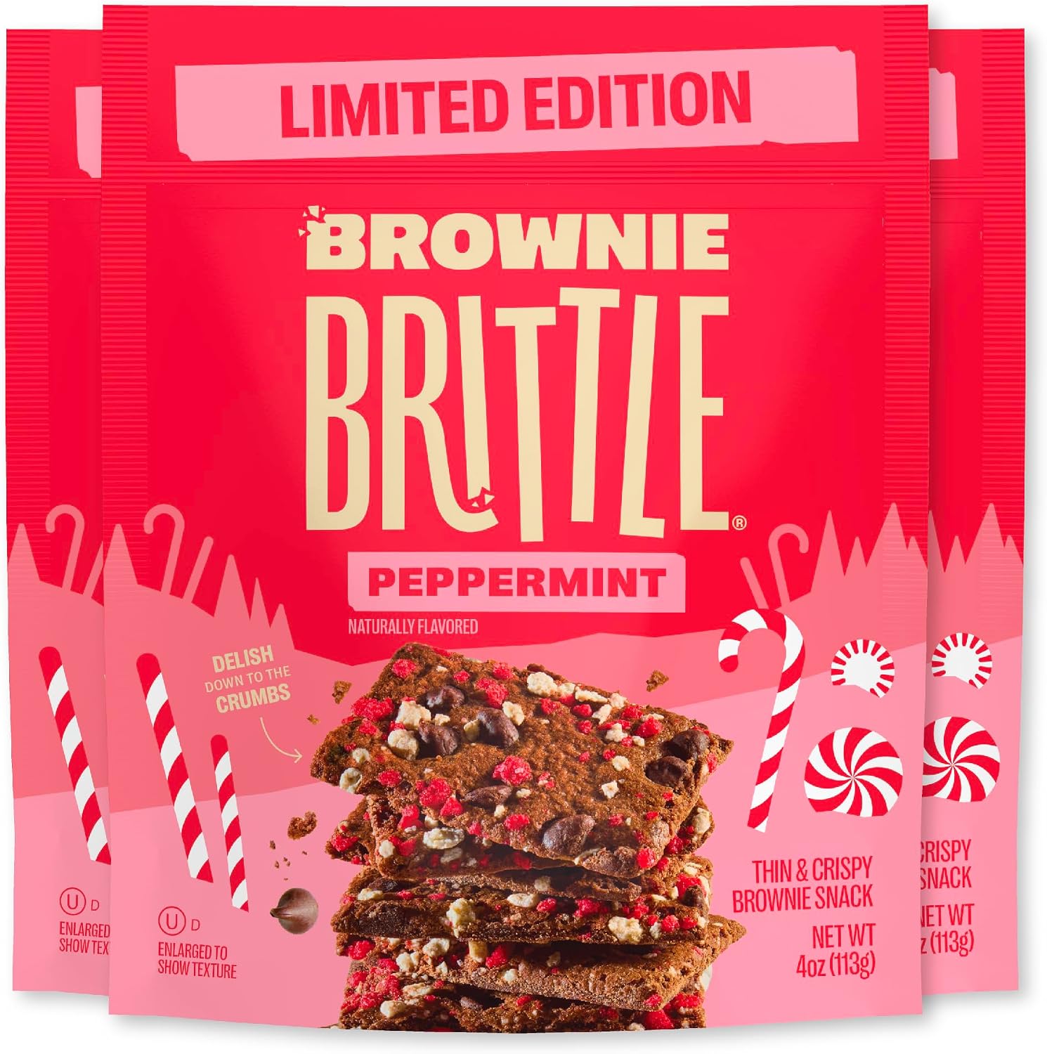 Brownie Brittle Chocolate Chip Peppermint front view packaging showcasing thin crispy snacks.