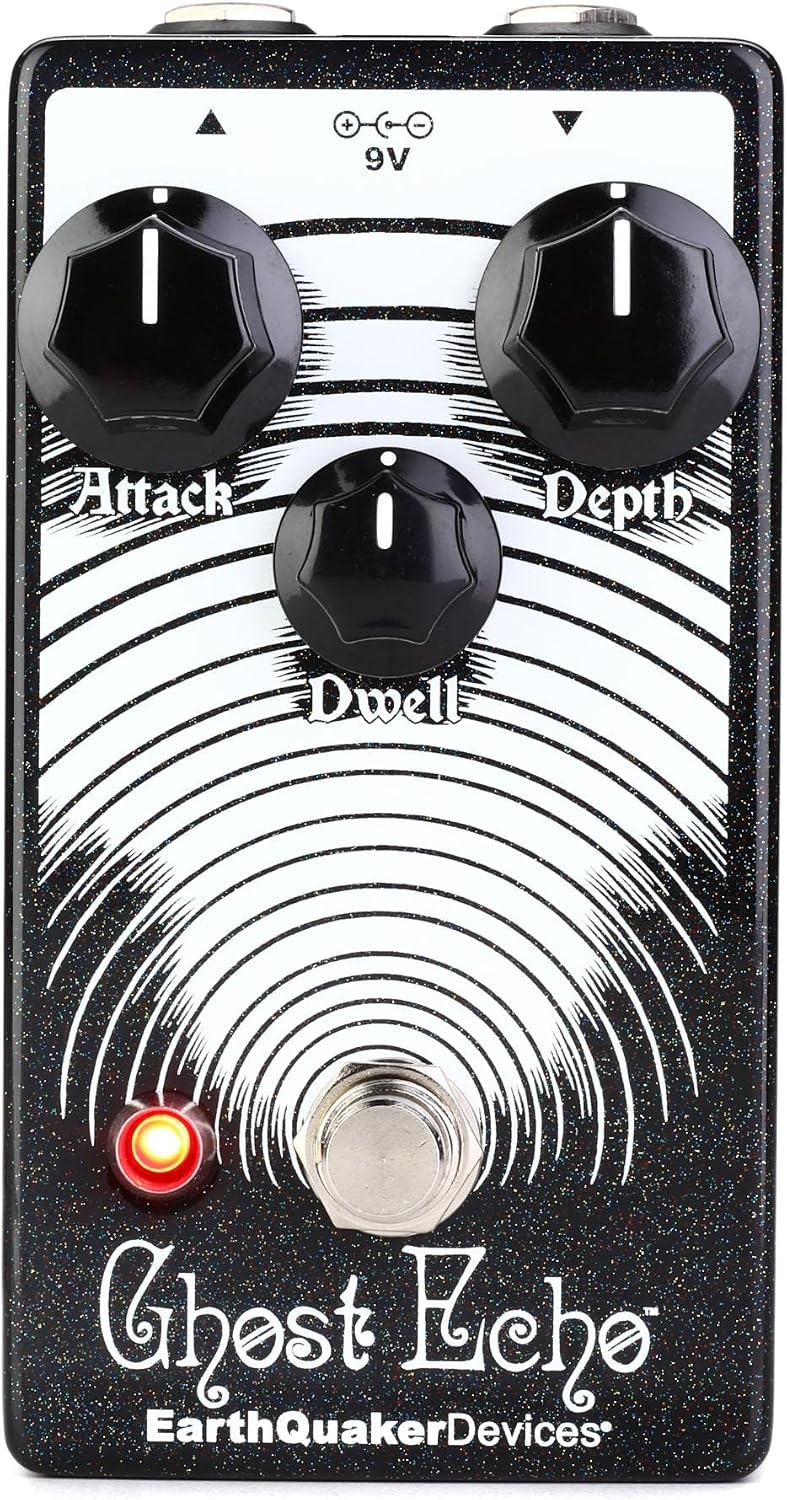 EarthQuaker Devices Ghost Echo V3 guitar effects pedal front view showing control knobs and black sparkle finish