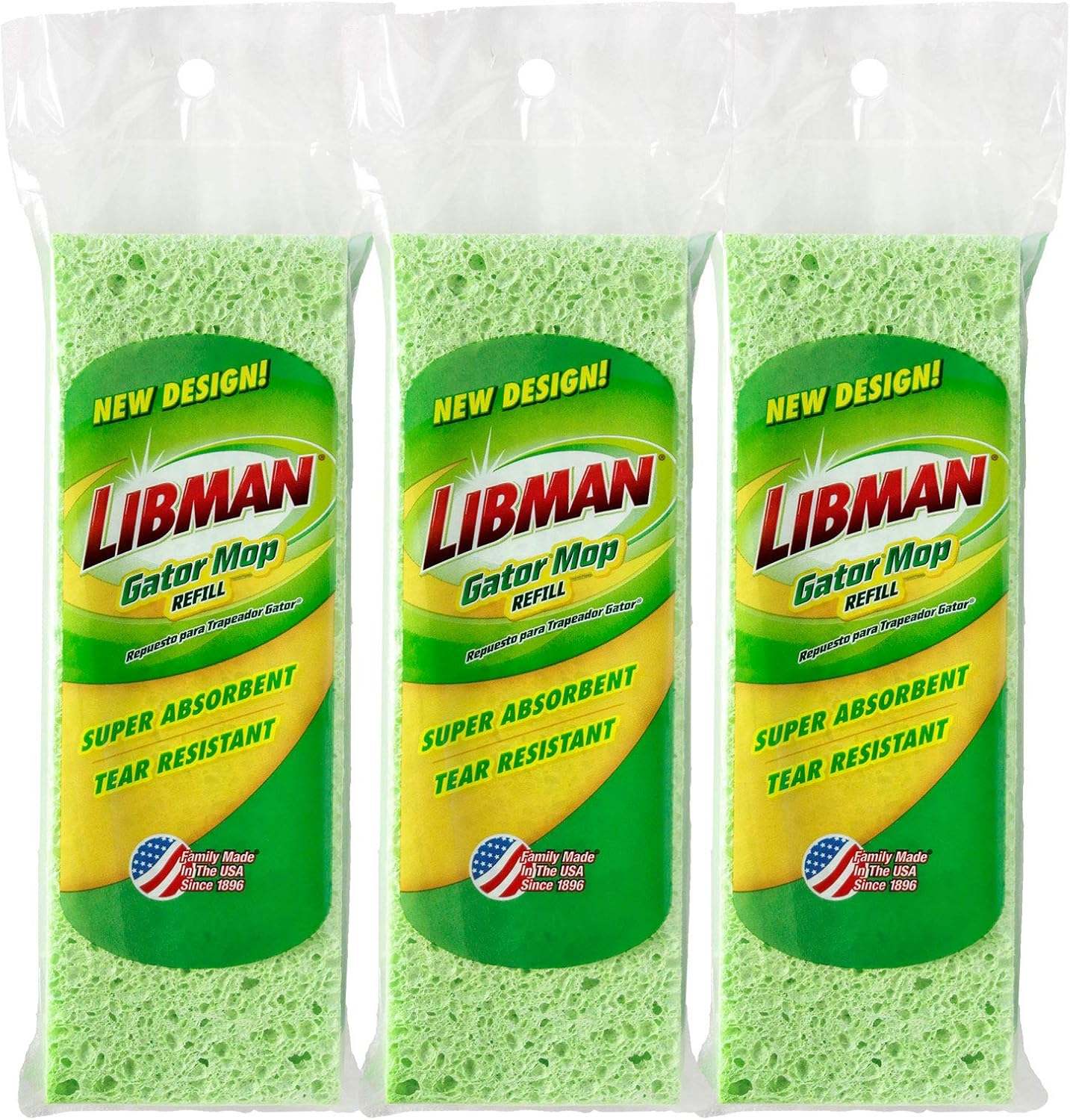 Libman Commercial 1487 Gator Mop Refill three pack package front view showing green cellulose coated sponges.