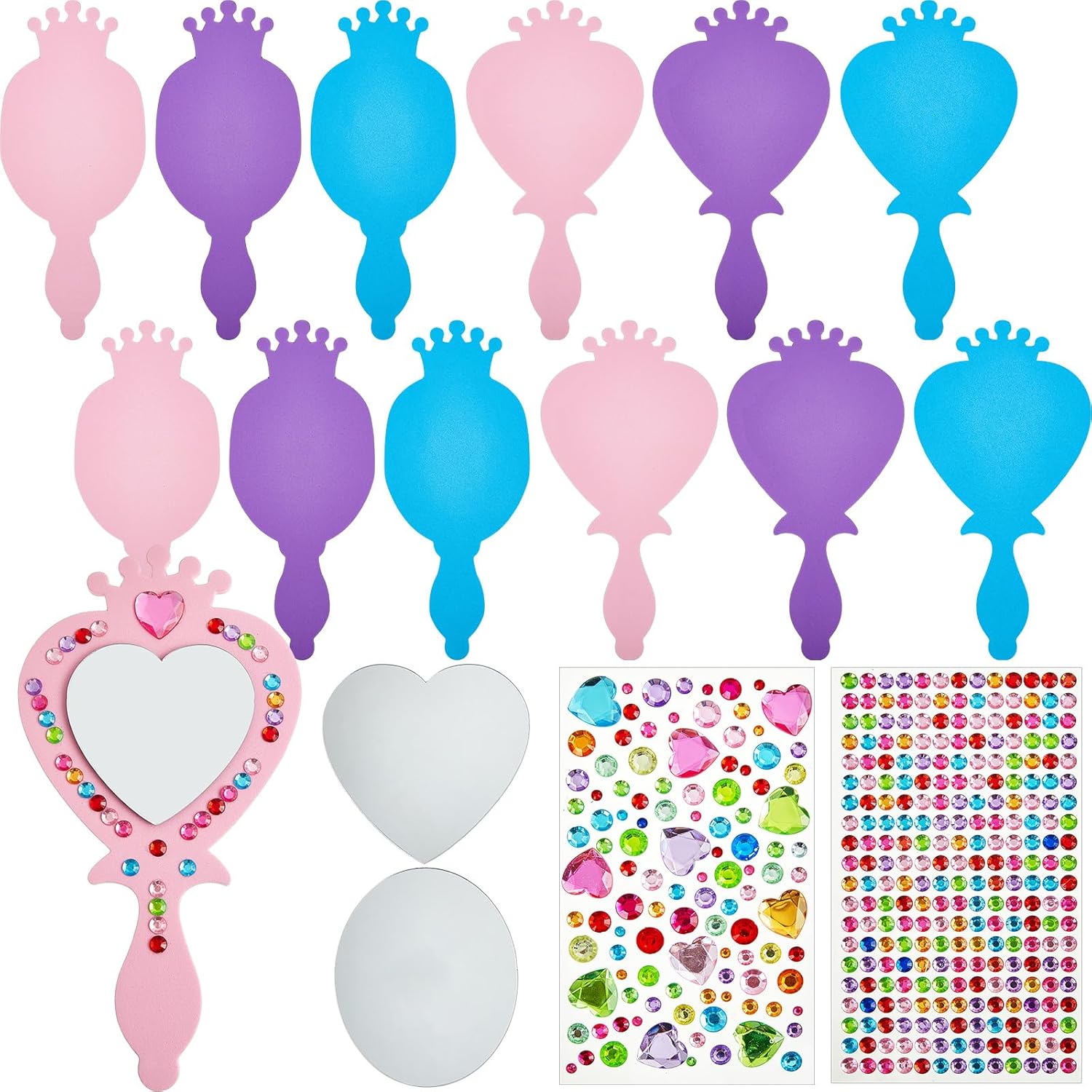 Liliful 12 pack princess foam mirror kits front view showing colorful heart and oval frames.