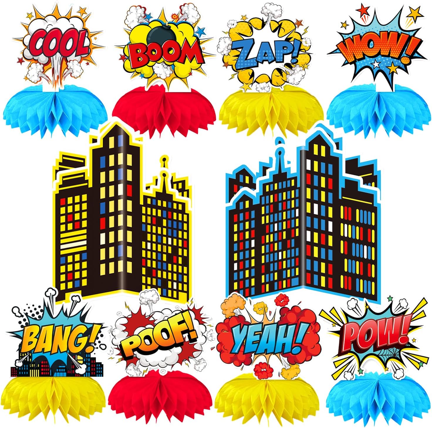 Oiuyamn hero party decoration set featuring 10 honeycomb centerpieces