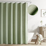 Naturoom sage green linen shower curtain front view hanging elegantly in a bohemian style bathroom