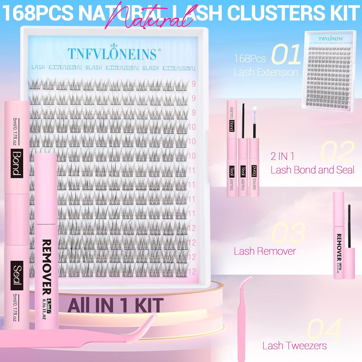 Natural Lash Extension Kit Wispy Lash Clusters Kit 168Pcs Eyelash Extension Kit 9-12MM Eyelash Clusters Lashes Individual Kit with Remover for Lash Extension, Bond and Seal and Tweezers by TNFVLONEINS - Image 2