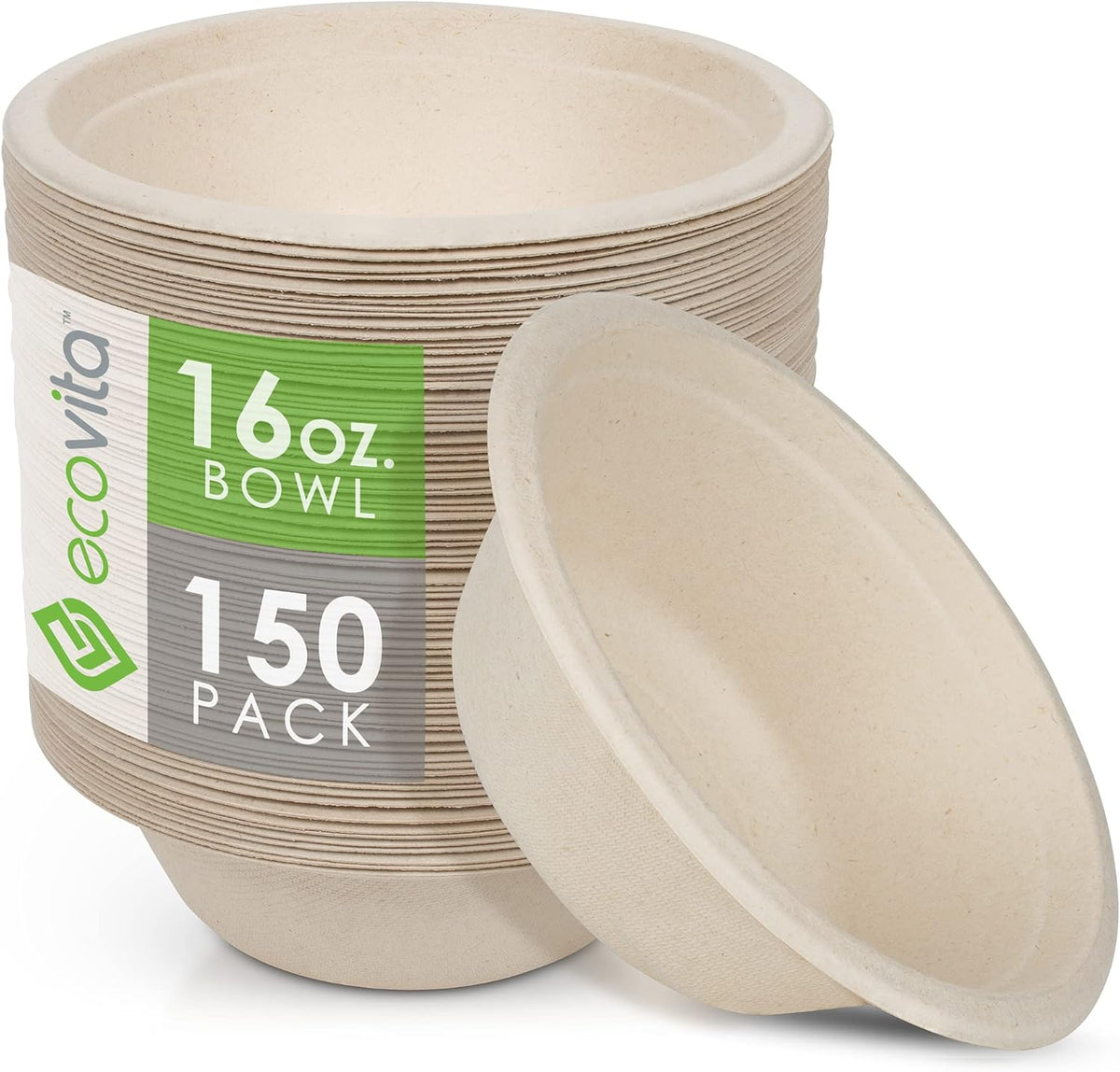 Ecovita 100% Compostable Paper Bowls pack of 150 front view eco-friendly disposable tableware.
