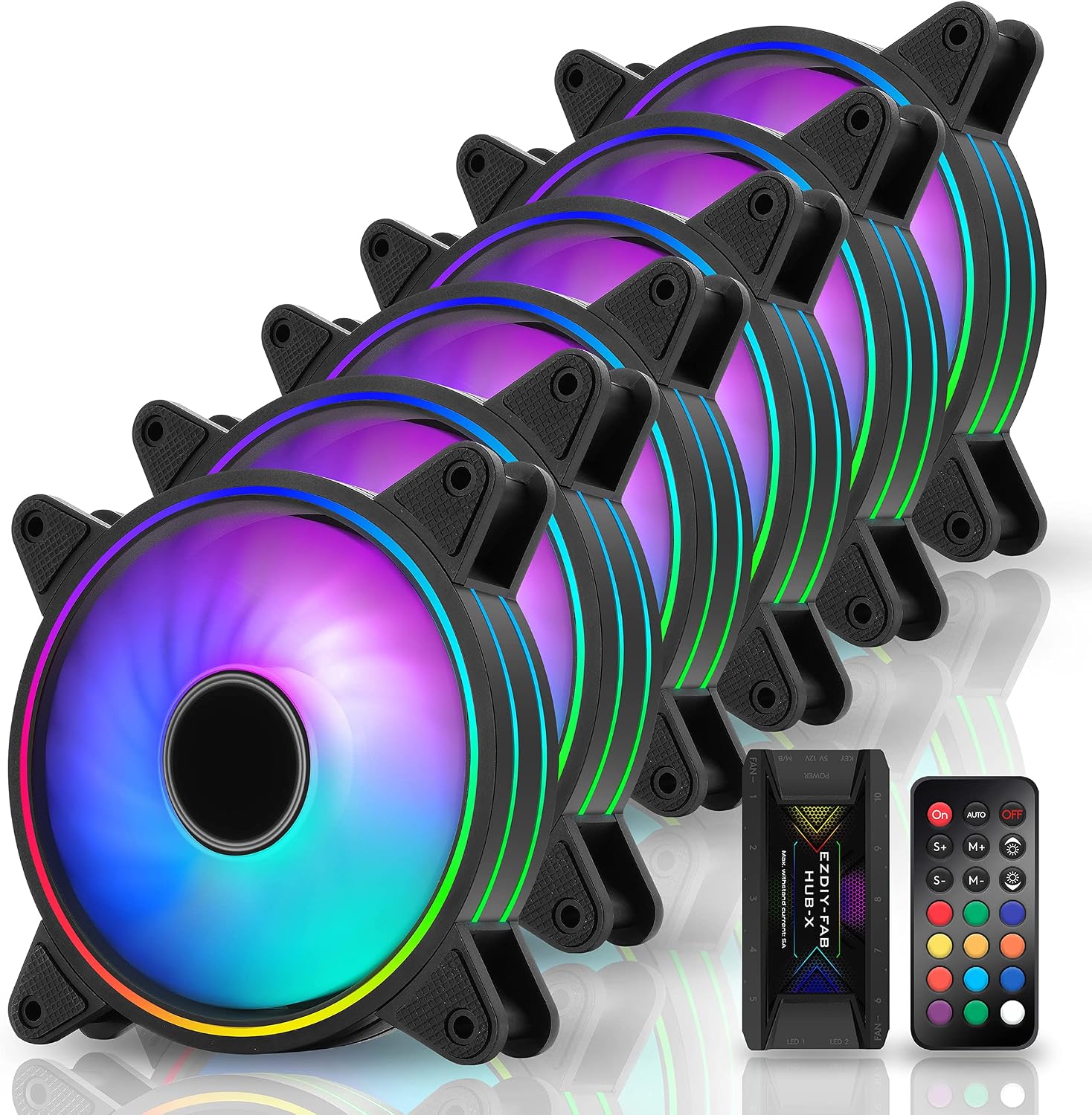 EZDIY-FAB Moonlight 120mm RGB Case Fan front view showing tri-aperture lighting rings.