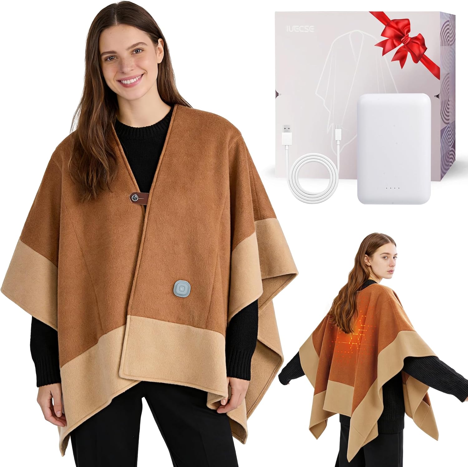 IUECSE cordless wearable heated blanket mixed tan front view