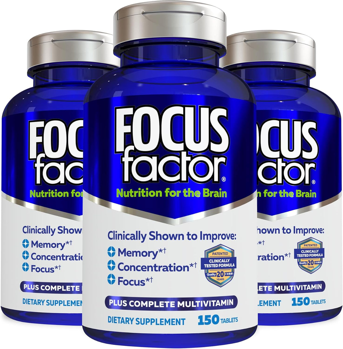 Focus Factor Nutrition for The Brain, Improved Memory & Concentration Brain Supplement, Complete Multivitamin with Vitamins B6, B12, D, Bacopa Monnieri & Tyrosine, 150 Count (Pack of 3) - Image 1