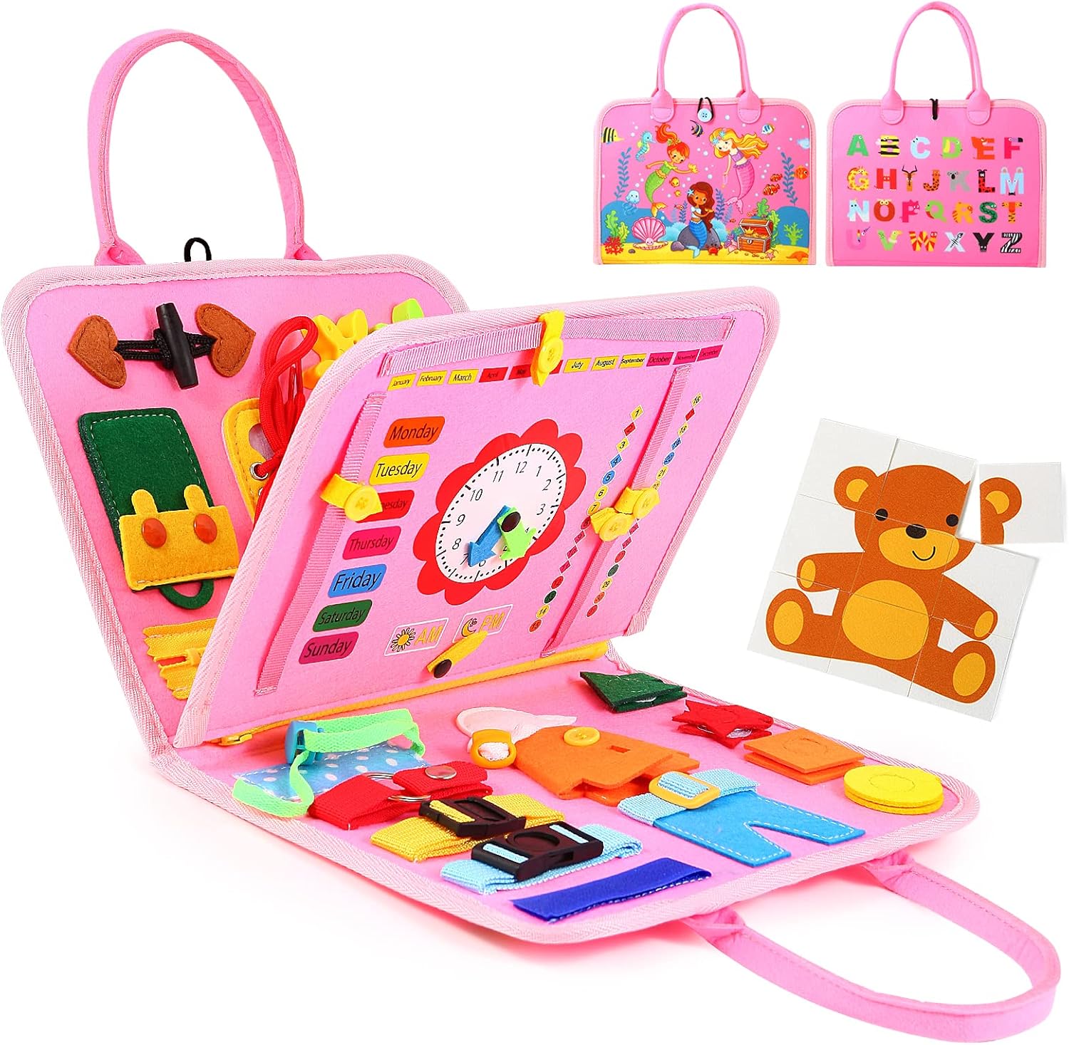 Hooku busy board for toddlers front view pink felt montessori sensory toy