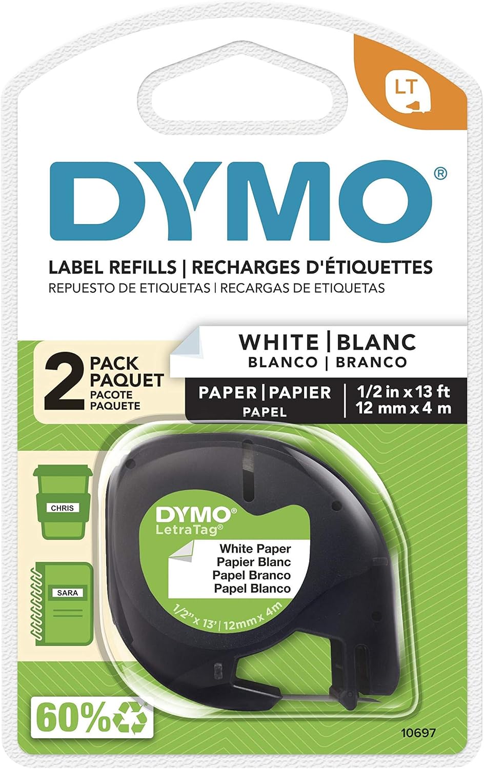 DYMO 10697 LetraTag paper label tape front view packaging