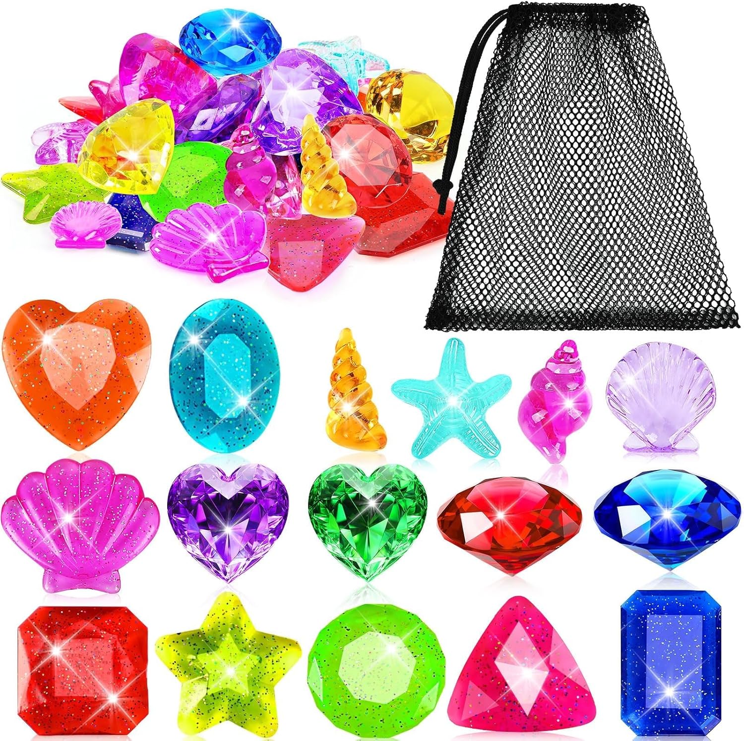Marforever 25 Pieces Diving Gem Pool Toys front view showing colorful acrylic gemstones spread out next to the black mesh bag