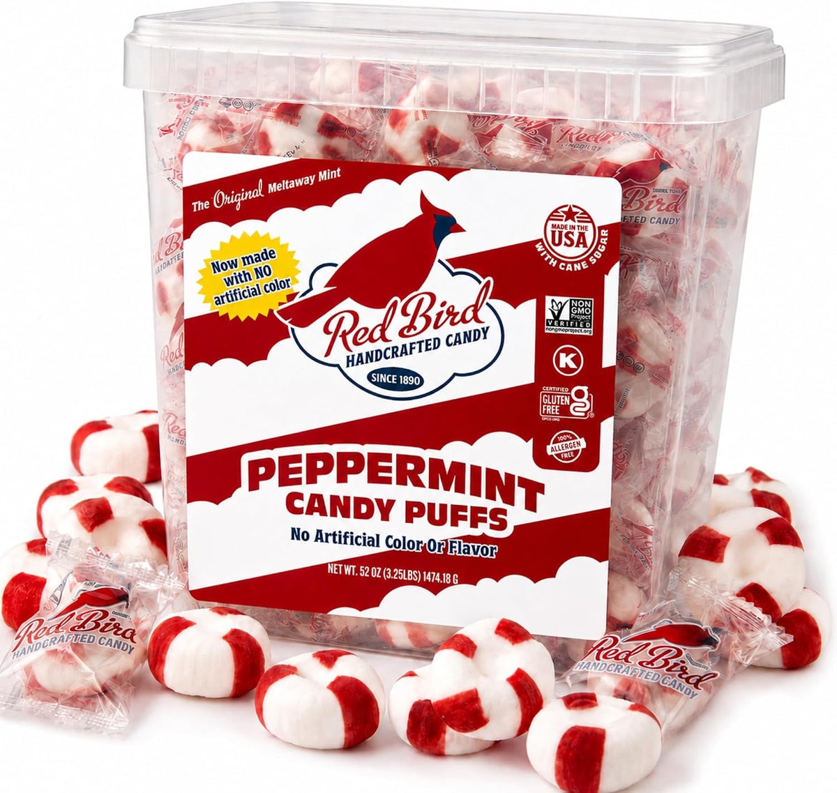 Red Bird non GMO verified soft mints tub ideal for office reception and home pantries