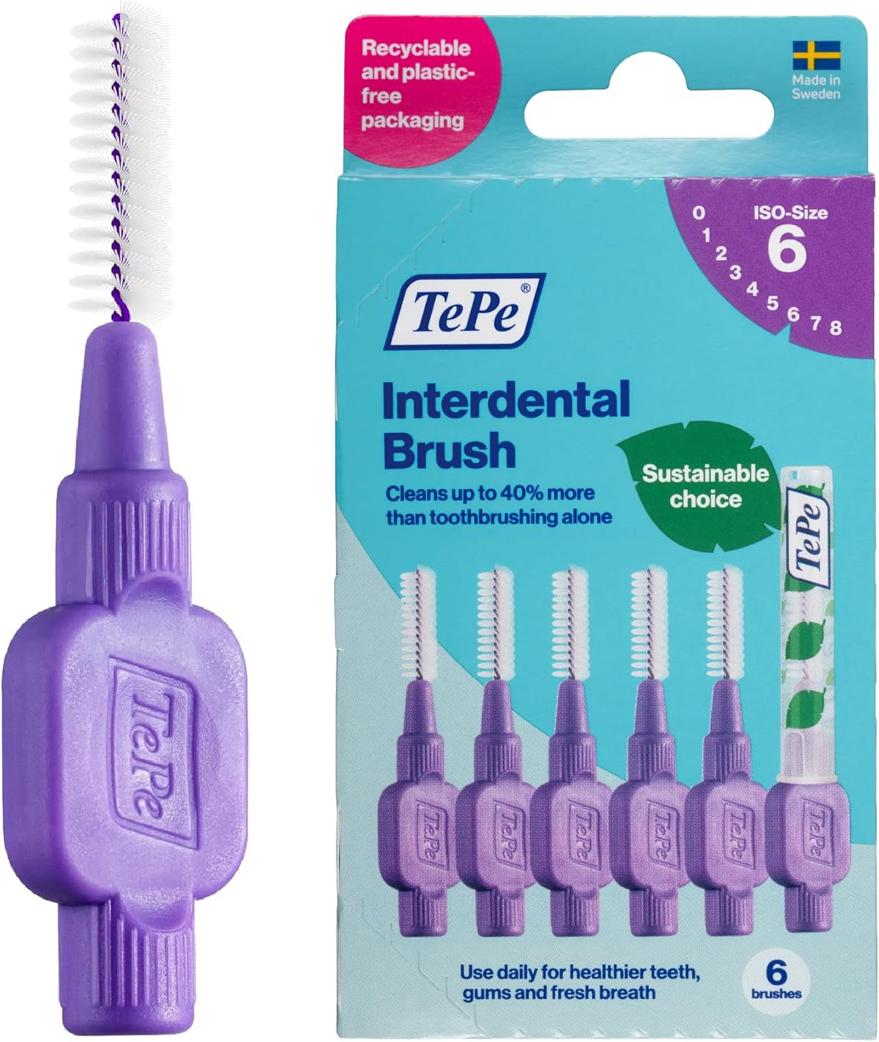 TePe Interdental Brush Original, Soft Dental Brush for Teeth Cleaning, Pack of 6, 1.1 mm, Large Gaps, Purple, Size 6 - Image 1