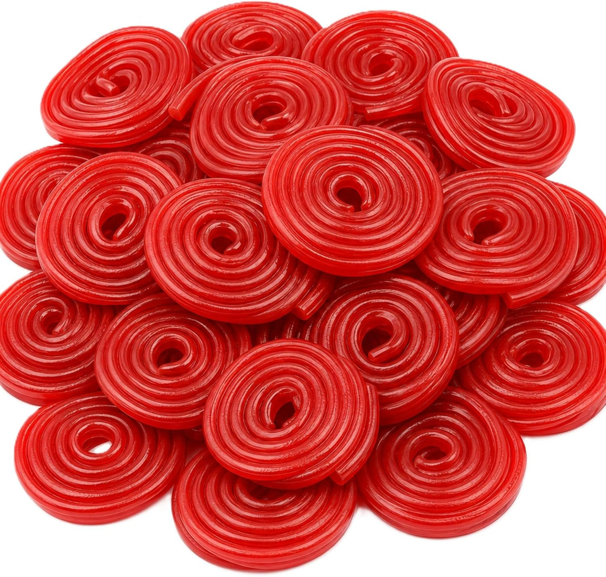 DM Sweets strawberry licorice wheels bulk bag front view showing gourmet red candy pinwheels.
