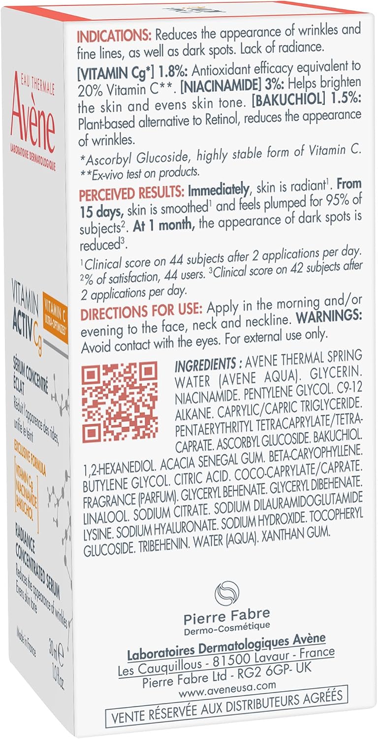 Clinical benefits of Avène Vitamin Activ Cg serum listed on product back