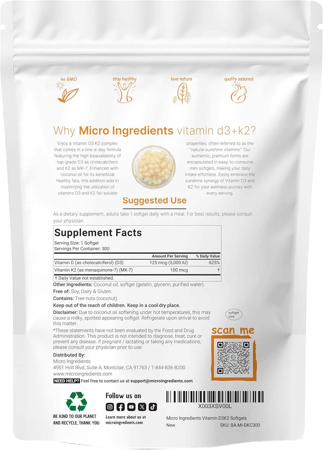 Micro Ingredients Vitamin D3 K2 supplement label ingredient details